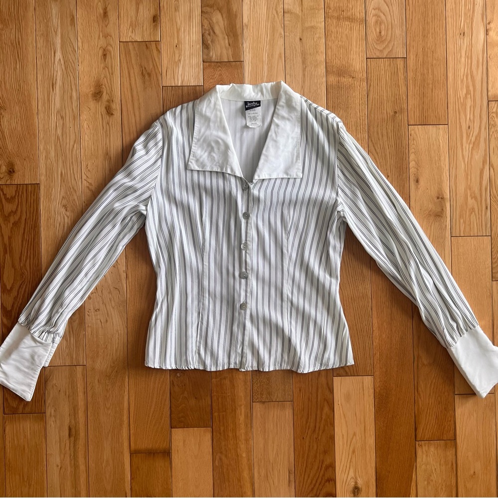 Vintage Judy Knapp White Striped Oversize Collar Long Sleeve Top Size Medium